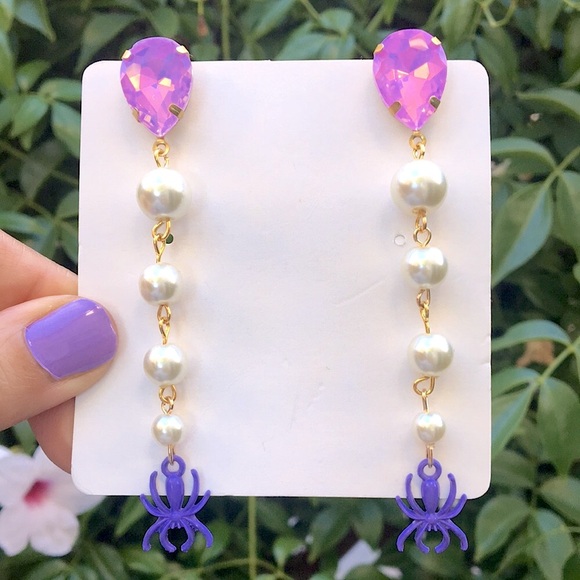 Pink-Purple Opal Aurora Borealis Crystal, Spider + Pearl Halloween Drop Earrings - Picture 1 of 6